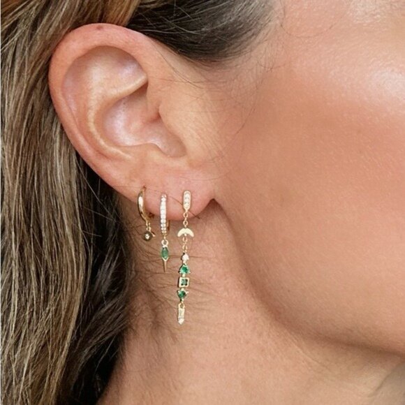 Emerald Green Drop Earrings Gold Crescent Moon Dangle Earrings Celestial Jewelry - Picture 12 of 12